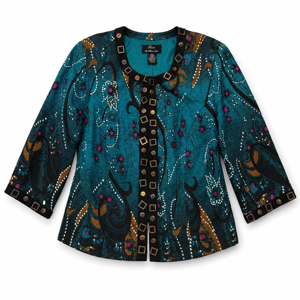 Vintage Trenz by Theresa‎ Renz Silk Blend Paisley Jacket Teal Embellished Large